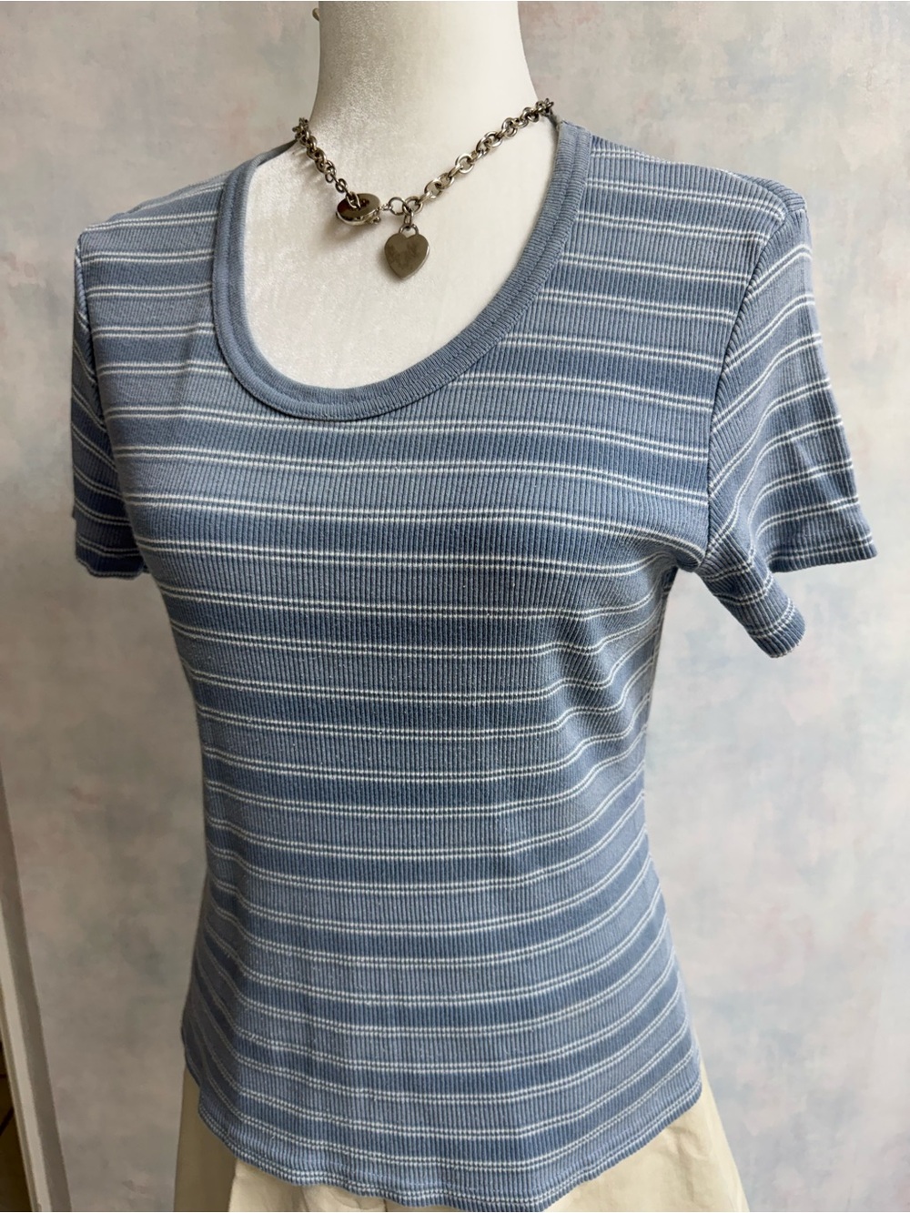 Striped Ribbed Knit Top in Light Gray Blue and Cream, Round Neck